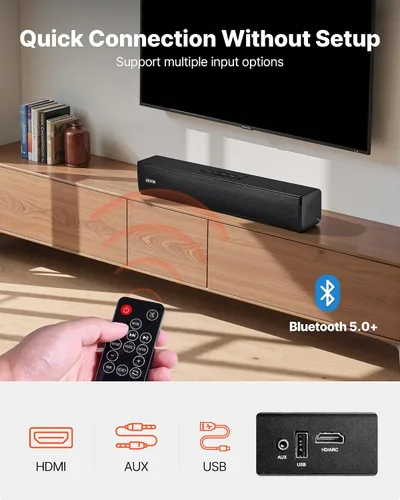 Vista 3 de VEVOR Barra de sonido para Smart TV, canal 2.0, barra de sonido compacta de 17 pulgadas para proyector, conexión AUX Bluetooth, control remoto