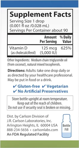 Vista 3 de Carlson - Super Daily D3 5,000 UI (125 mcg) por gota, gotas de vitamina D, apoyo inmunológico, salud cardíaca, vitamina D3 líquida, sin sabor, 90