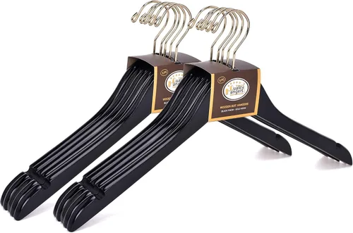 Vista 8 de Perchas de madera semicurvada negra de calidad, paquete de 10 perchas de madera maciza con acabado liso con gancho giratorio, chaqueta, pantalón