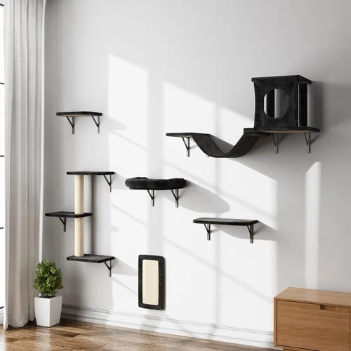 Vista 2 de NUNU LAB Estantes de muro para gatos, juego de 6 piezas de lujo montado en la pared, muebles para gatos interiores con 1 casa tipo condominio, 2
