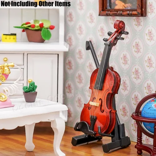 Vista 6 de Odoria 1:12 Violín con soporte de arco y caja de madera, instrumento musical casa de muñecas miniatura