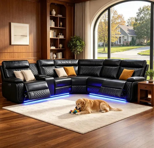 Vista 17 de Juego de sofá seccional reclinable de cuero, sofá seccional con 4 sillones reclinables Juegos de muebles de sala con 3 reclinables, luz LED