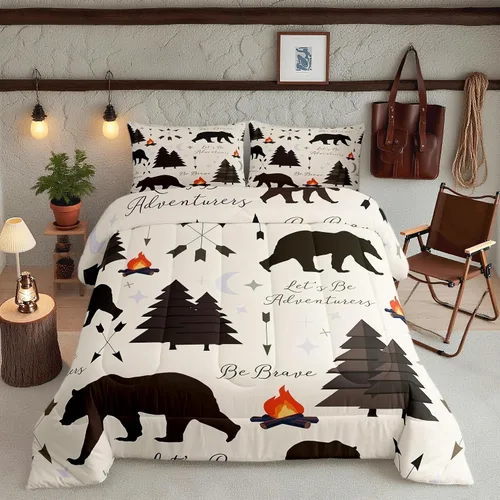 Vista 37 de Juego de ropa de cama Happy Camping de Homewish, tamaño individual, con diseño de osos cazadores y pinos, para niños, hombres, adultos, decoración