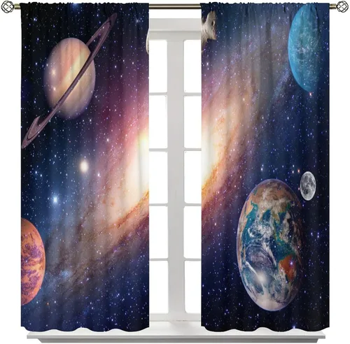 Vista 8 de Cortinas de planeta galaxia, espacio exterior, universo, nebulosa, estrellas, cielo estrellado, con bolsillo para cortinero, para sala de estar