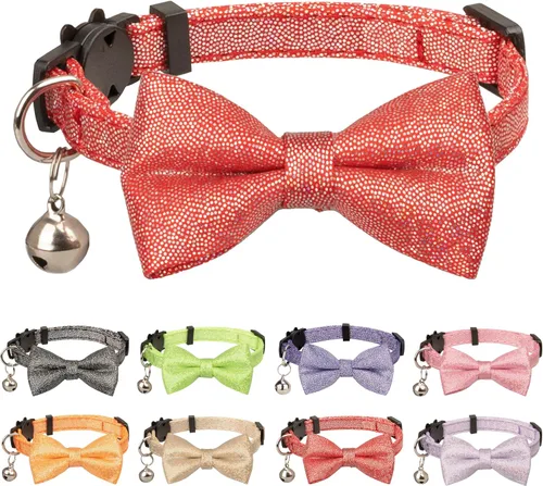 Vista 7 de Collar de gato con pajarita brillante para gatos, campanilla, fiesta, boda, fiesta, brillante, 7-11 pulgadas, niña, niño, mascota, color liso