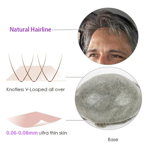 Vista 8 de Peluca de pelo gris para hombres, 8x10 pulgadas para hombres, sistema de cabello de piel ultra fina de 0.003 in, reemplazo de cabello con bucle en V