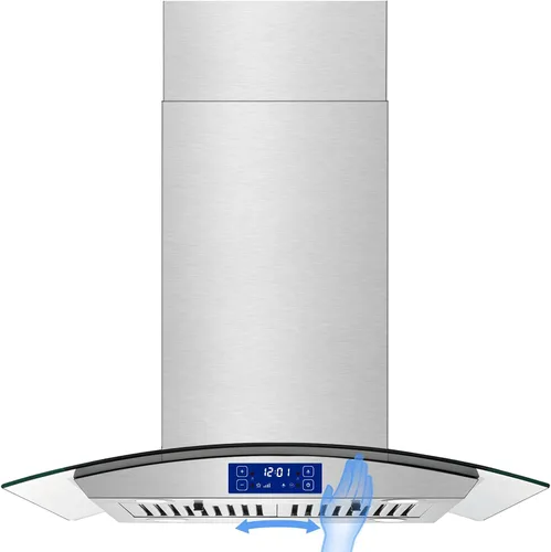 Vista 9 de JOEAONZ Campana extractora Isla de 30 pulgadas, color negro, 700 CFM, campana de ventilación para montaje en techo con panel táctil y gestos