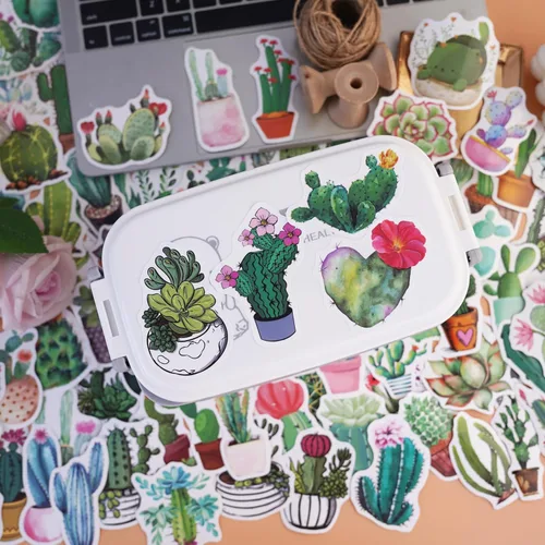 Vista 3 de Calcomanías de plantas verdes, 100 calcomanías de cactus, calcomanías de vinilo impermeables para laptop, patineta, Hydro Flask para computadora