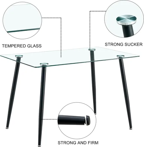 Vista 7 de Baysitone Mesa de comedor de cristal para 4 personas con tapa de vidrio rectangular transparente de 51 pulgadas, muebles de cocina de vidrio Negro