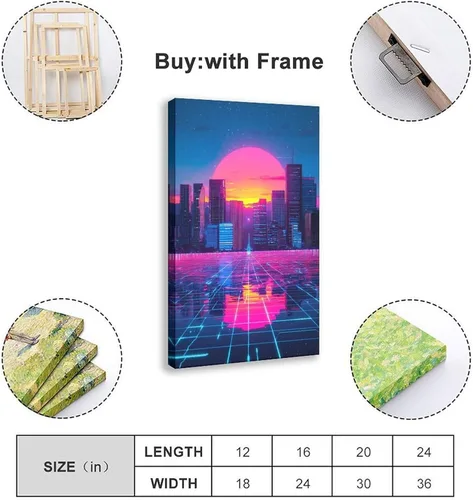 Vista 2 de Cyberpunk - Arte de pared Vaporwave - Póster de ciudad futurista de neón, impresión retro de onda sintética moderna, impresiones de pared abstractas
