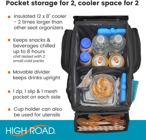 Vista 4 de High Road CarHop Organizador de Asiento Trasero para Niños y Organizador de Asiento de Pasajero para Adultos - Enfriador de Asiento de Carro