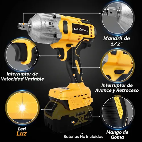 Vista 7 de Llave de impacto inalámbrica bellaDimora compatible con batería Dewalt de 20 V