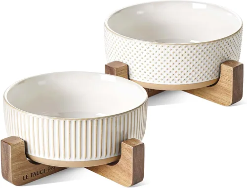 Vista 9 de LE TAUCI PET Juego de cuencos de cerámica para perros y gatos con soporte de madera de acacia, 2 tazas con peso antideslizante para alimentos y agua