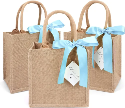 Vista 15 de Paquete de 6 bolsas de arpillera con asas reutilizables, mini bolsas de regalo de yute con cintas de seda azules, forro impermeable para bodas