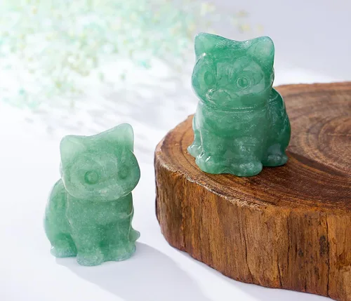 Vista 2 de DUQGUHO Figuras de gato de cristal de aventurina verde - Estatua de gato de la suerte y linda para decoración de escritorio o habitación 1 pieza