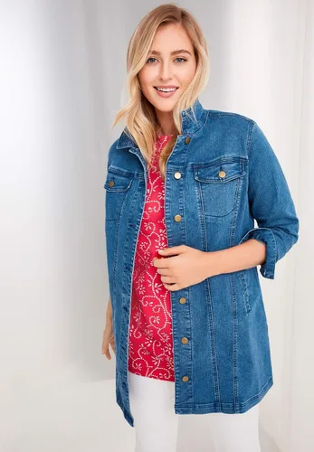 Vista 6 de Jessica London Chaqueta de mezclilla larga para mujer, talla grande, longitud tipo túnica