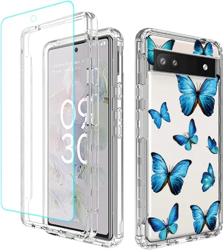 Vista 8 de Funda para Google Pixel 6A, funda GX7AS con protector de pantalla de vidrio templado, cuerpo completo transparente floral TPU delgado funda