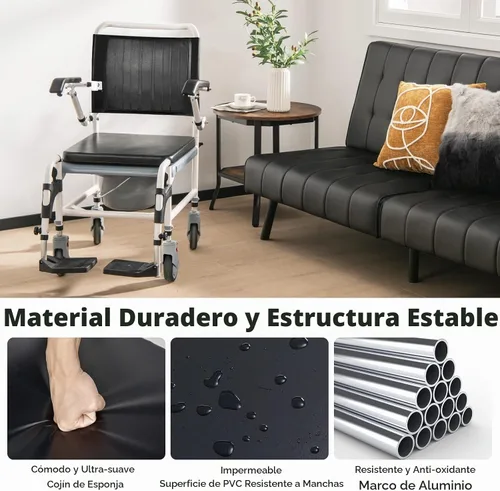 Vista 7 de Giantex Silla de ruedas 4 en 1 para inodoro con brazos, 4 ruedas bloqueables, cubo desmontable, altura ajustable y reposapiés abatible, silla
