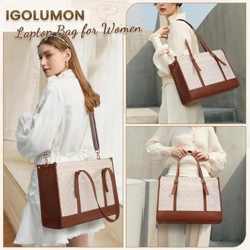 Vista 2 de IGOLUMON Bolsa para Laptop para Mujeres de 15.6 Pulgadas de Cuero Vegano Bolsa de Trabajo Tipo Tote Acolchada Maletín para Mujeres Bolsas de Laptop