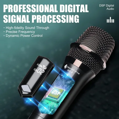 Vista 3 de Micrófonos inalámbricos - Micrófono de karaoke para cantar - Micrófono inalámbrico recargable con receptor de doble canal - Rango de 240 pies
