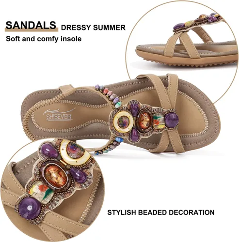Vista 3 de SHIBEVER Sandalias bohemias para mujer de verano con cuentas y tirantes delgados al tobillo, zapatos elegantes