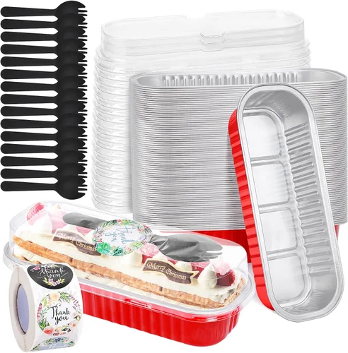 Vista 14 de Paquete de 100 mini moldes para pan de Navidad con tapas, mini moldes para pasteles con tapas y cucharas, moldes de papel de aluminio de 6.8 onzas