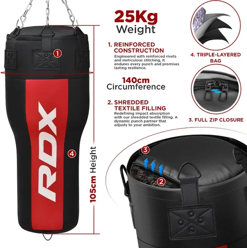 Vista 7 de RDX Uppercut - Saco de boxeo sin relleno para boxeo, entrenamiento de kickboxing, juego de bolsa pesada de piel maya en ángulo con guantes de boxeo
