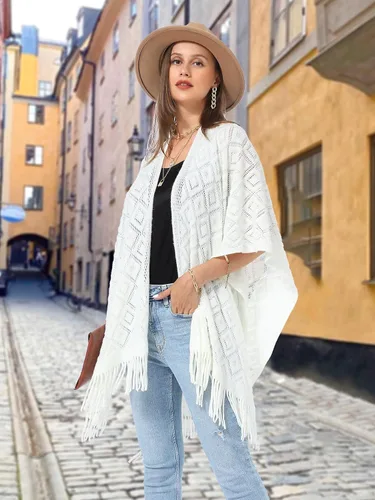 Vista 14 de Soul Young - Chal de punto para mujer, poncho con flecos y capa