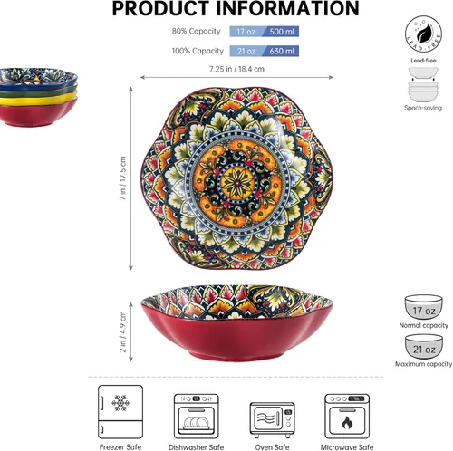 Vista 2 de Henten Home Juego de 4 cuencos de cerámica para ensalada de 20 onzas, coloridos cuencos para aperitivos, estilo bohemio, aptos para helados, frutas