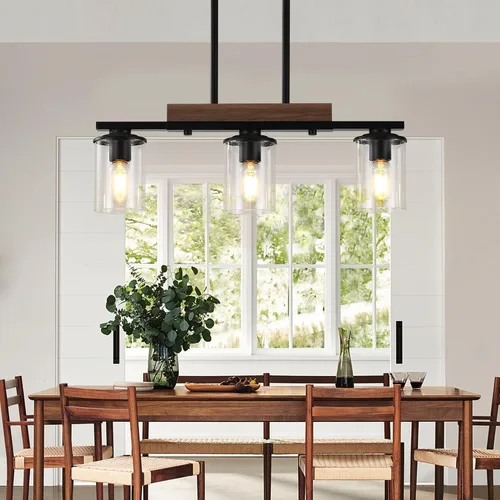 Vista 8 de Lámpara de isla de cocina de 23.6 pulgadas, lámpara de 3 luces para comedor sobre mesa, lámpara colgante de techo de madera rústica moderna negra