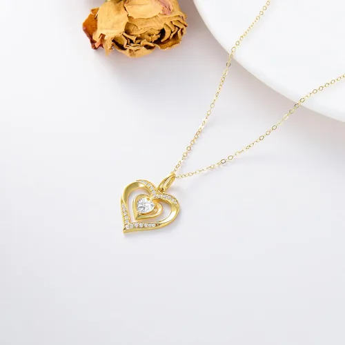 Vista 3 de 14K Solid Gold Heart Necklace for Women I Love You Mom Real Gold Love Heart Flower Pendant Jewelry Mothers Day Gift for Mom Wife Daughter 16-18 Inch