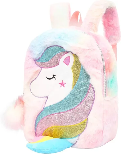 Vista 2 de CBOALOGR - Mochila pequeña de peluche de unicornio para niñas de 3 a 6 años, Bonita bolsa de viaje de unicornio de peluche para niños pequeños