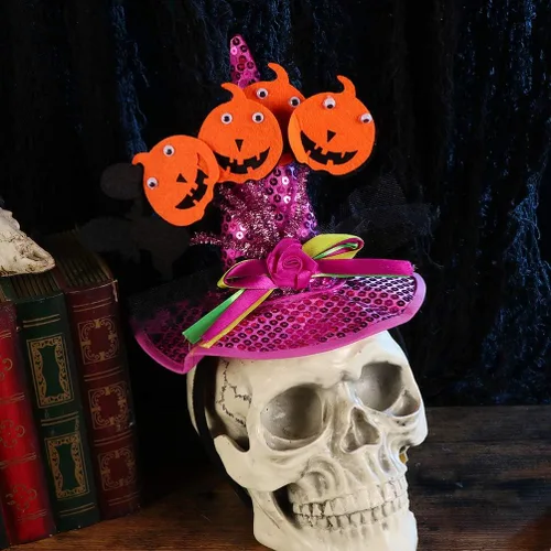 Vista 5 de TOYANDONA - 2 diademas de calabaza para Halloween, con lentejuelas rojas y negras y rosas, para niños o adultos