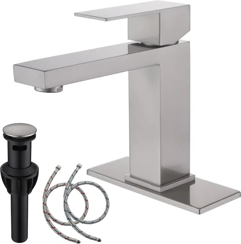Vista 9 de llave de fregadero dorado cepillado, grifo de baño dorado de un solo agujero, grifo de fregadero de una sola manija alto con desagüe desplegable