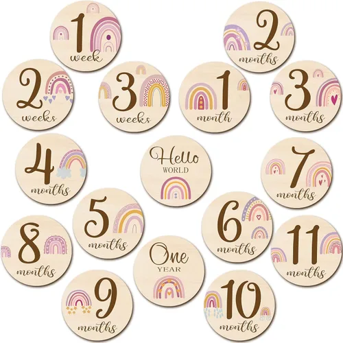 Vista 11 de Tiamon 16 tarjetas mensuales de madera para bebé, discos de marcador de hitos mensuales, círculos de madera de doble cara, letreros de meses