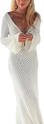 Vista 3 de Vestido largo de punto de ganchillo para mujer, vestido largo ajustado de manga larga sin espalda