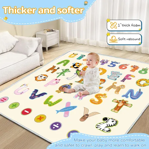 Vista 5 de Tapete de juego para bebé, tapete de espuma de 1 pulgada de grosor de 47 x 47 pulgadas, impermeable y antideslizante para jugar al bebé en el suelo