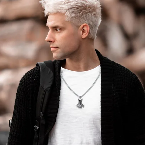 Vista 5 de Collar vikingo para hombre, plata de ley 925, lobo vikingo, martillo de Thors, vegvisir, árbol de la vida, brújula, colgante nórdico, amuleto