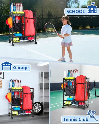 Vista 3 de Mythinglogic Estante de almacenamiento para bolsas de tenis, raqueta de tenis y organizador de pelotas, soporte para equipo de tenis para garaje