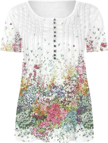Vista 4 de SMIDOW Womens Tunic Tops Trendy Vintage Boho Shirts Short Sleeve Notch v Neck t-Shirt 2023 Casual Summer Blouse Empire Waist