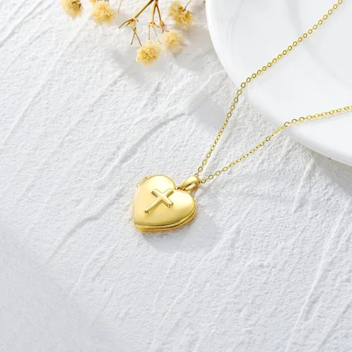 Vista 4 de MUUYON 9K Gold Personalized Photo Locket Necklace Heart Shaped for Women, Real Yellow Gold Cross Custom Locket Necklace That Hold Picture for Women