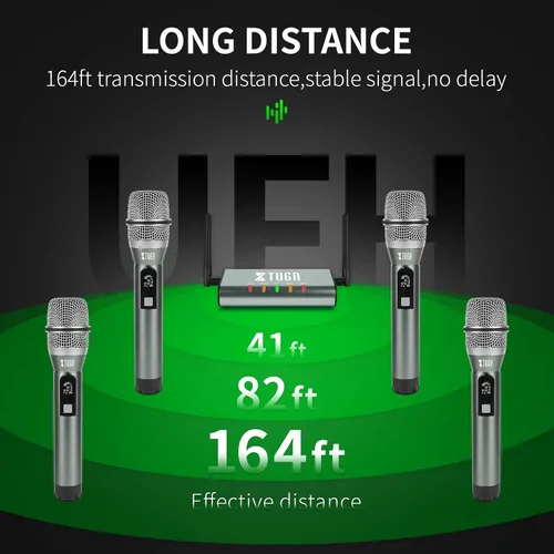 Vista 3 de XTUGA UHF Sistema de micrófono inalámbrico, micrófonos de mano de metal de 4 canales (UF4600) Plug and Play,164ft Coverage Range,Auto Sync