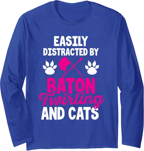 Vista 4 de Camiseta de manga larga con texto "easy Distracted By Baton Twirling and Cats Majorette Twirling", Negro