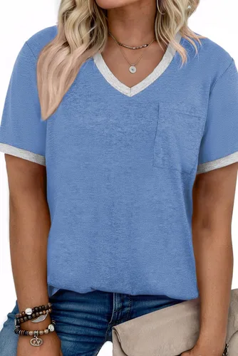 Vista 64 de Eytino Blusas de talla grande para mujer, cuello en V, manga corta, a rayas, casual, holgada, con bolsillo (1X-5X)