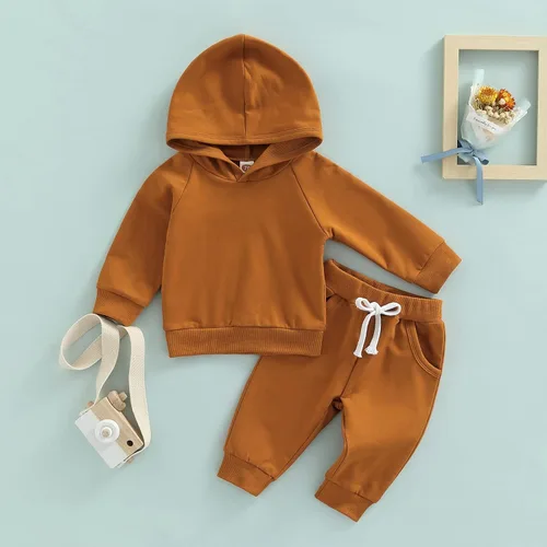 Vista 2 de Conjunto de pantalones para bebés y niños, sudadera con capucha, con bolsillo, cintura elástica, 2 piezas, traje de otoño e invierno