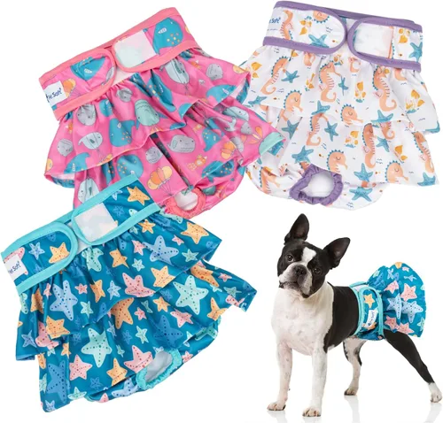 Vista 10 de Pet Soft Pañales para perras – Paquete de 3 pañales lavables estilo vestido para perras hembras en celo – Bragas reutilizables para perrito, pañal