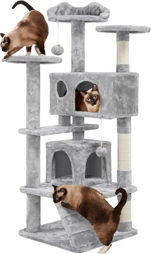Vista 30 de Yaheetech - Torre de árbol para gatos de 62 pulgadas, torre para gatitos de interior, muebles para mascotas con doble refugio, postes para rascar