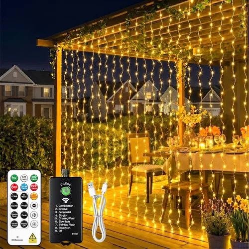 Vista 13 de HXWEIYE 300 luces LED de cortina sin enredos, 9.8 x 9.8 pies, USB, control Blanco cálido