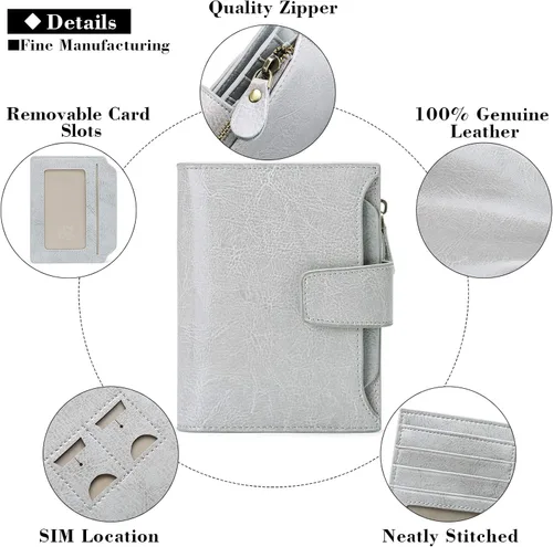 Vista 5 de FALAN MULE - Cartera de cuero auténtico para mujer, pequeña, plegable y compacta, con bloqueo de interferencia de radiofrecuencia (RFID)