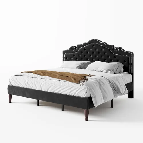 Vista 8 de WEEWAY Base de cama de plataforma tamaño King con tiara ajustable de terciopelo, cabecero curvado y alta resistencia, botón tapizado de diamante